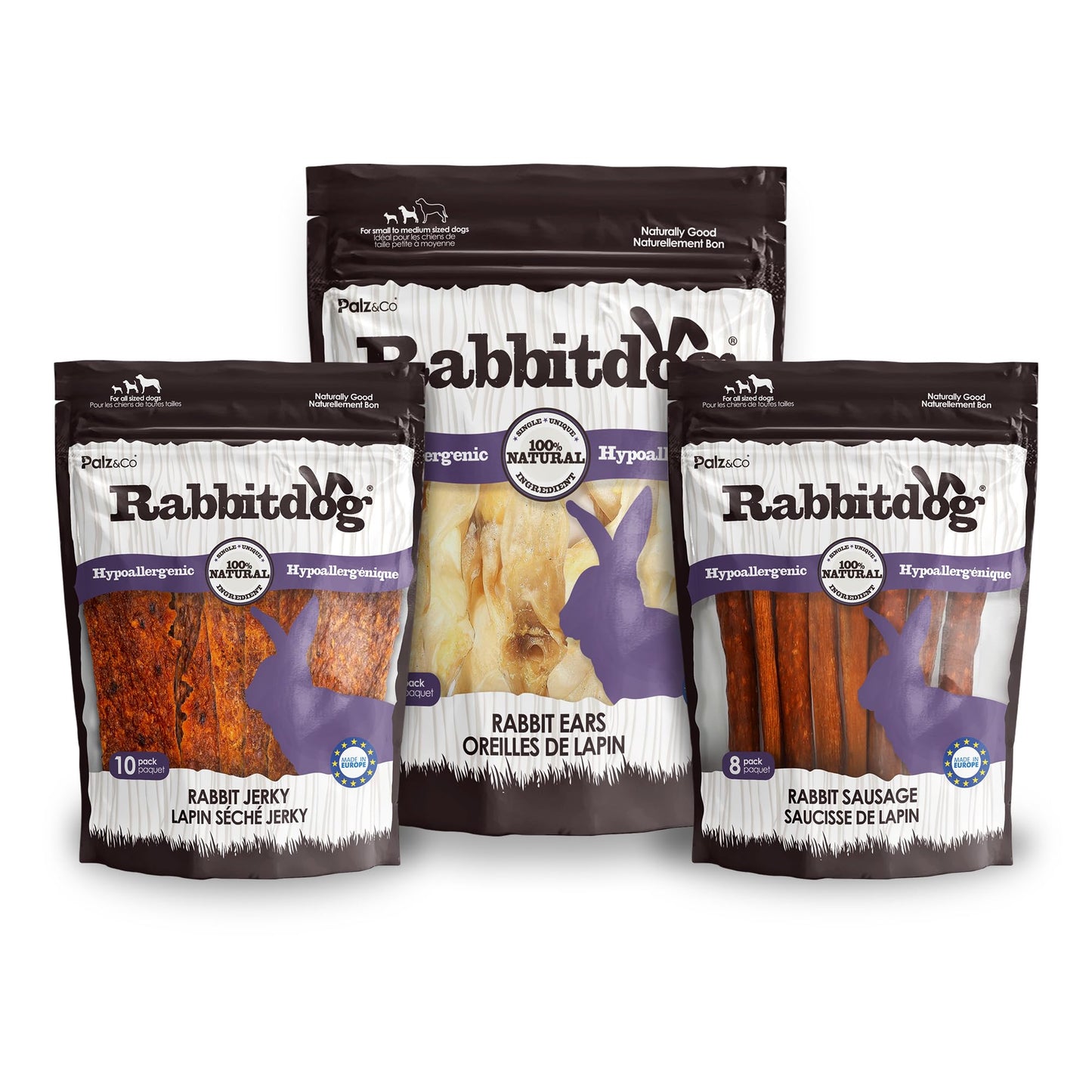RabbitDog Rabbit Treat Variety Pack for Dogs – Ears (Without Fur), Jerky & Sausage - 100% Natural, Single Ingredient Dog Chews
