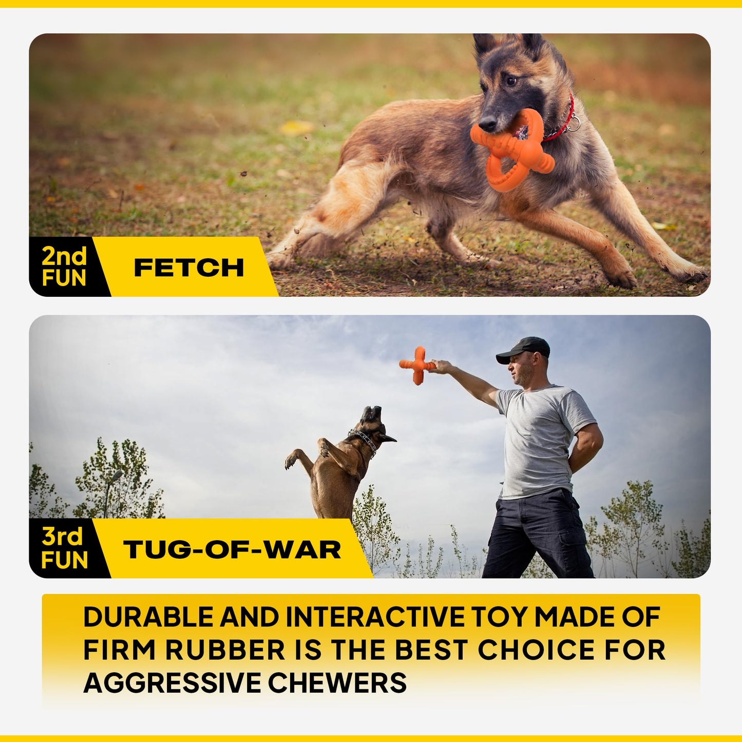 Fida Dog Chew Toys for Aggressive Chewers, 3-in-1 Indestructible Interactive Dog Toys, Unique Detachable Natural Rubber Balls Tug &Fetch Toys for Large & Medium Dogs(Orange, L)