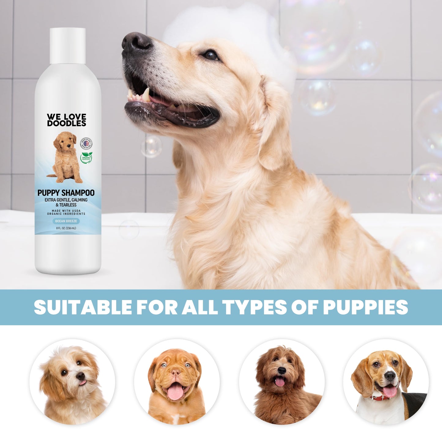 We Love Doodles Puppy Shampoo & Conditioner and Dog Cologne | Organic Ingredients | Sensitive & Itchy Skin Wash | Long Lasting After Bath | Puppies Odor Eliminator Spray | Made in USA