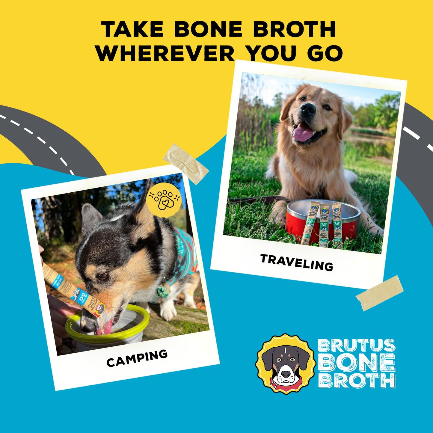 Brutus Bone Broth for Dogs - Bone Broth Powder with Chondroitin Glucosamine & Turmeric - Human Grade Food Toppers for Dry Food & Picky Eaters - 5 Stick (Beef)