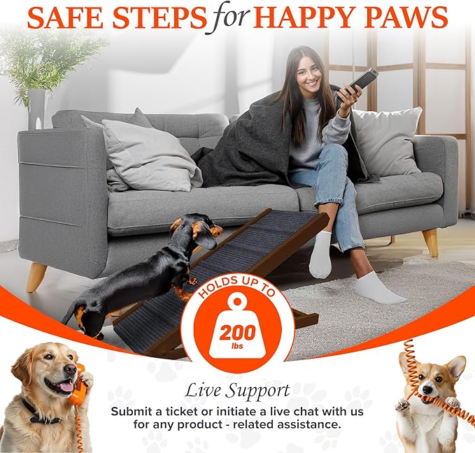 Adjustable Dog Ramp for Bed - Foldable Wooden Ramp for Dogs to Get on Bed, Couch, or Car - Ideal for Small and Medium Breeds (Walnut Wood with Grey Carpet)