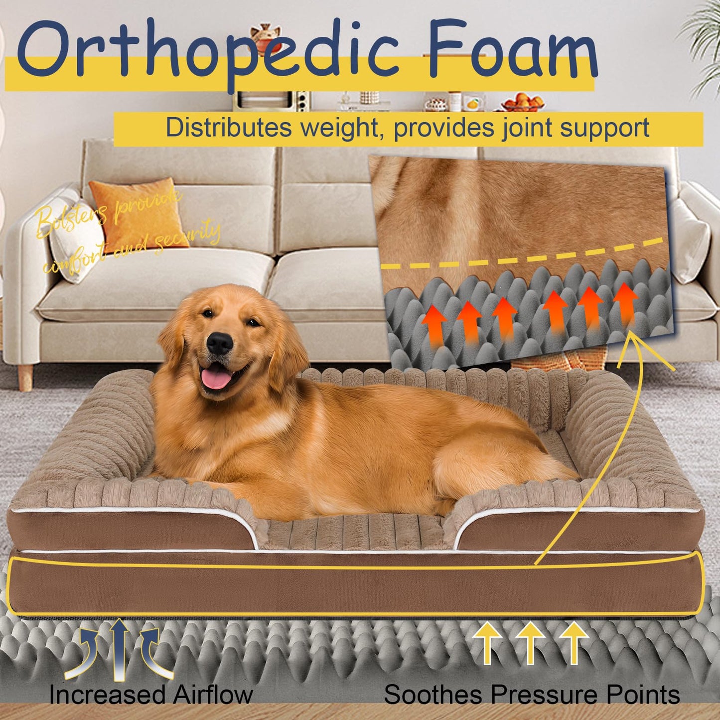 Orthopedic Dog Bed for Large Medium Sized, Washable Memory Foam Large Dog Bed Premium Soft Corduroy Fleece, Durable Medium Pet Sofa with Removable Cover, Washable Waterproof Pet Couch Beds(Brown,XL)