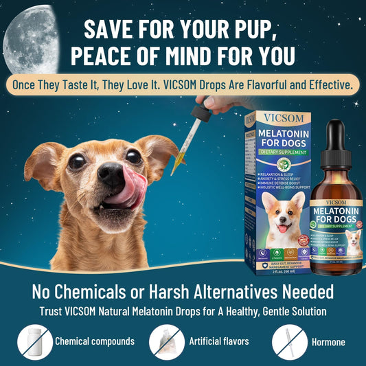 Liquid Melatonin for Dogs, 2 Pack Dog Melatonin for Small Medium Large Dog Sleep Aid, Stress & Anxiety Relief, Calm Aid for Dogs Puppies, Support Relaxation & Deep Sleep, 60ml x2