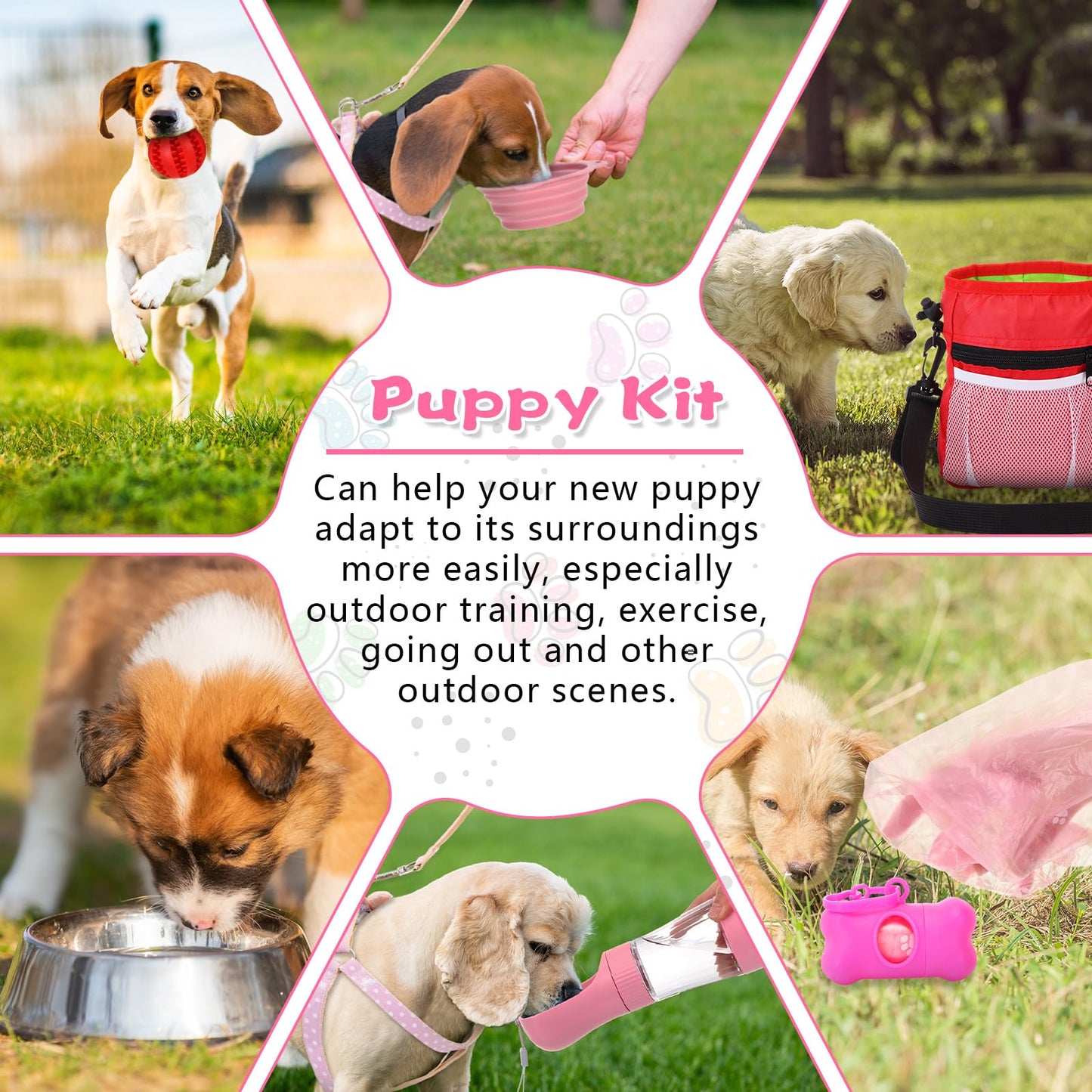 PullCrease 65 Pcs Puppy Supplies Starter Kit Small Dog Essentials Includes Dog Leash, Toys, Bowl, Brushes, Water Bottles, pet Blankets Puppy Accessories for New Welcome Gift Supplies(Cute,Pink)