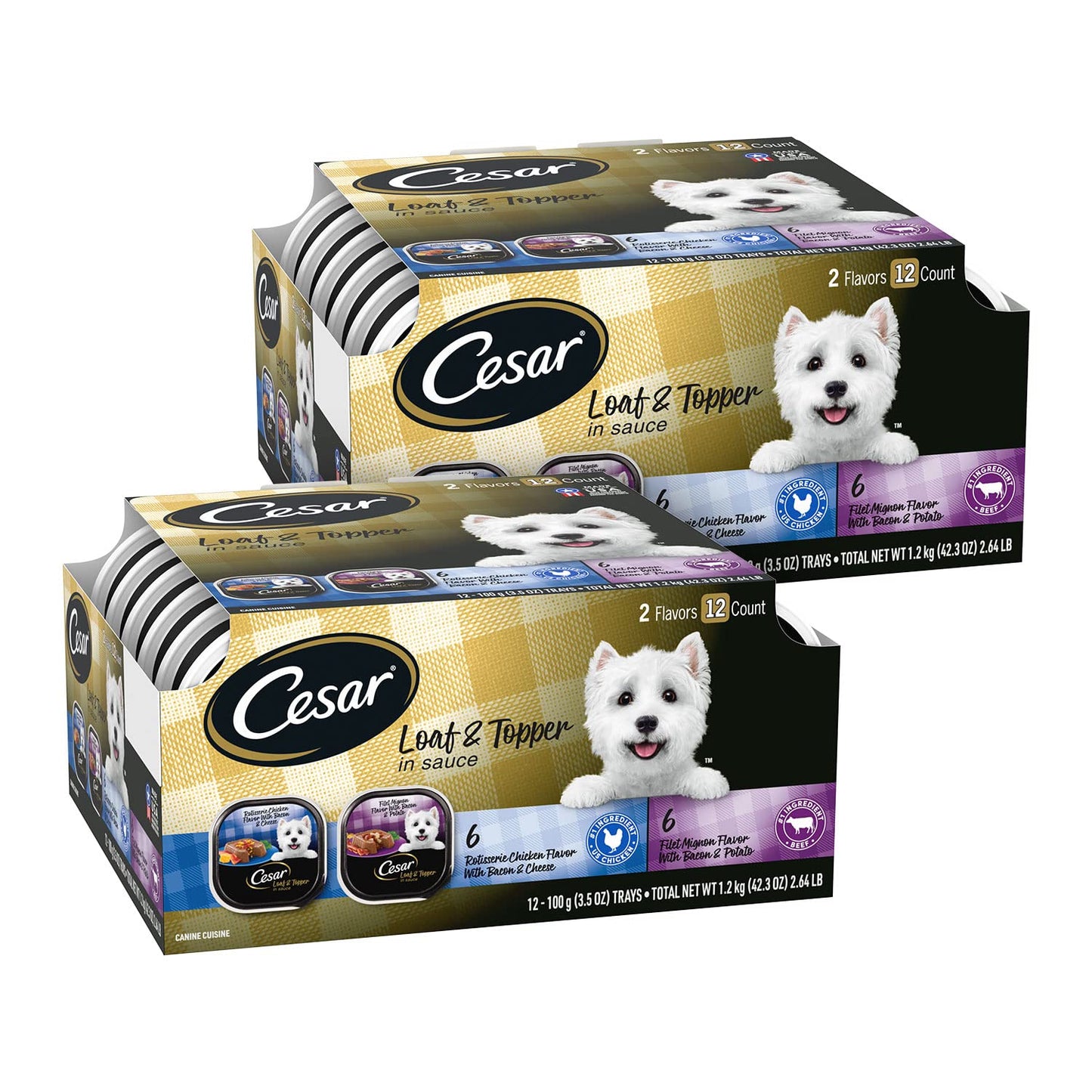Cesar Wet Dog Food Loaf in Sauce Rotisserie Chicken Flavor with Bacon & Cheese and Filet Mignon Flavor with Bacon & Potato Variety Pack, 3.5 oz. Easy Peel Trays (12 Count, Pack of 2)