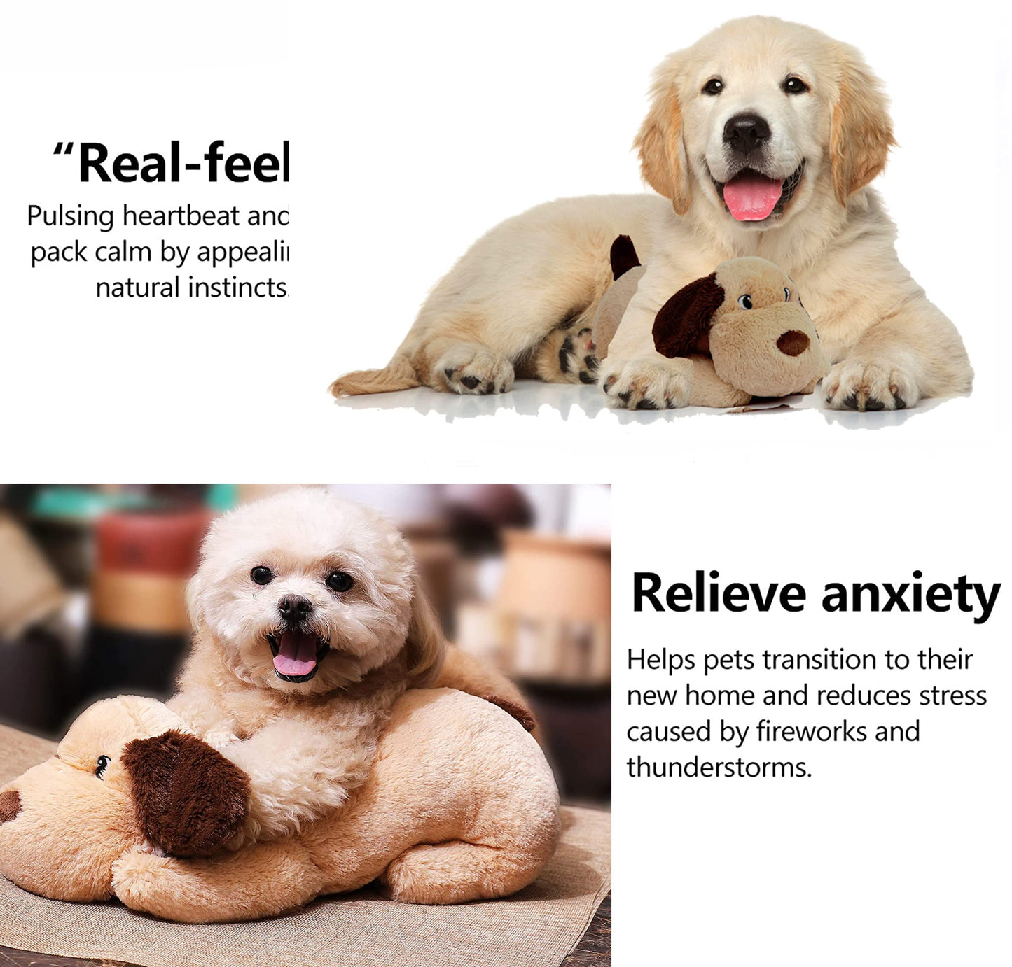 Dog Heartbeat Toy for Puppy Anxiety Relief, Heartbeat Stuffed Animal Heartbeat Plush Toy for Small, Medium, and Large Dogs (Beige)