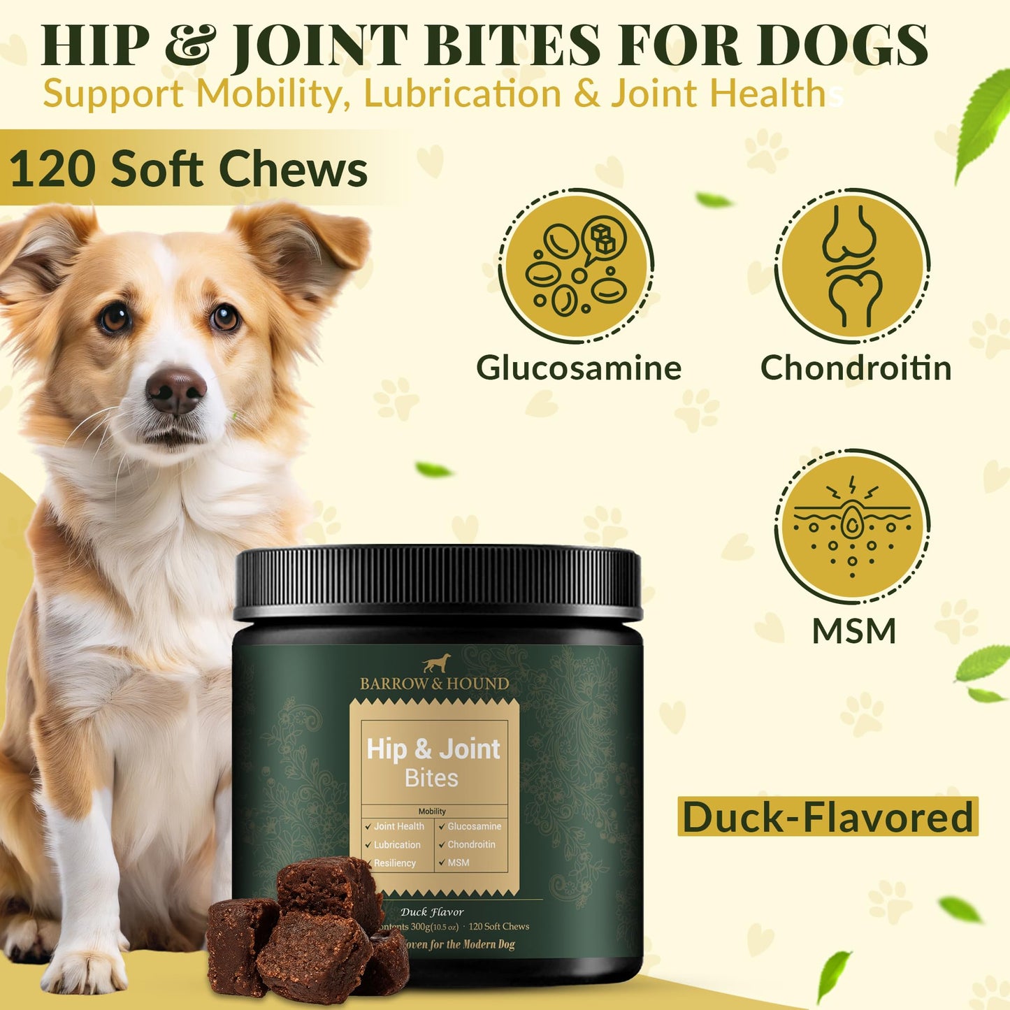 Barrow & Hound - Hip & Joint Chews for Dogs – 120 Soft Chews with Glucosamine, MSM & Chondroitin – Joint Mobility & Cartilage Support – Duck Flavor