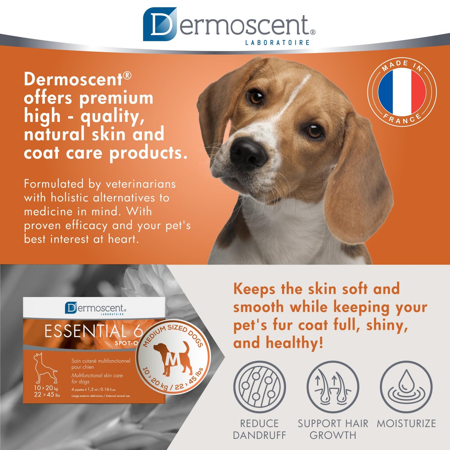 Dermoscent Essential 6 spot-on - Dog Skin Care for Dandruff & Allergy Relief with Vitamin E Oil - Anti Itch for Dogs - Natural Ingredients for Sensitive Skin - Dogs 10-20 kg - 4 Pipettes of 1.2 ml
