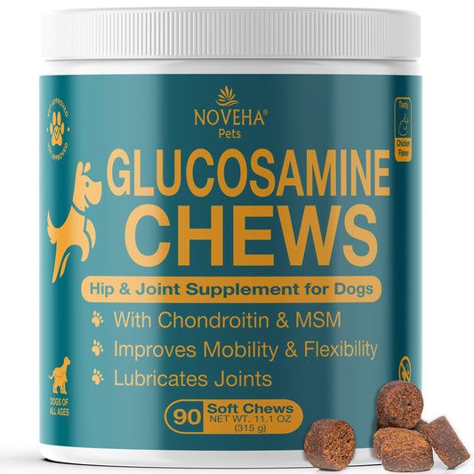 NOVEHA Dog Glucosamine Chews | Hip and Joint MSM Formula for Dogs Joint Care | Senior Pet Joint Health Supplement | Premium Glucosamine and Chondroitin for All Breeds | 90 Soft Chews; Chicken Flavor