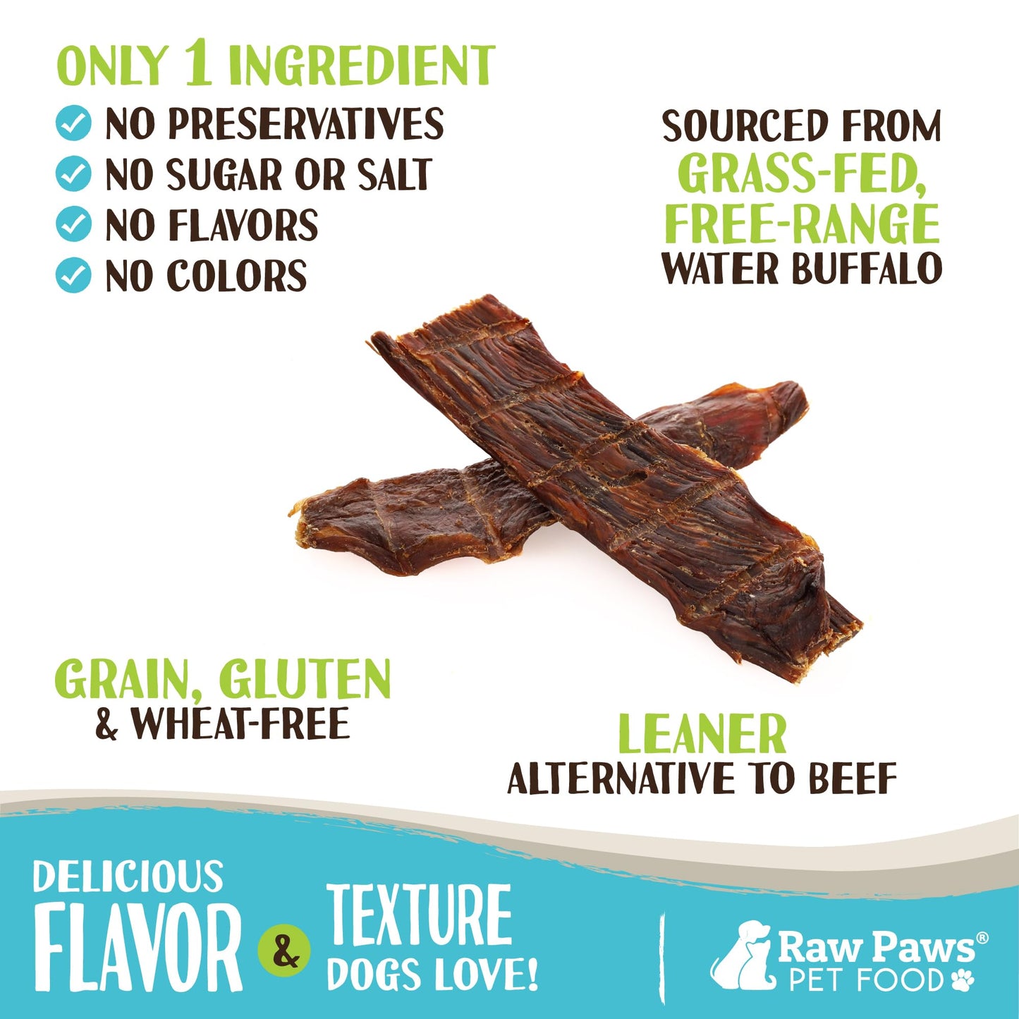 Raw Paws Water Buffalo Jerky Treats for Dogs, 16-oz - Packed in USA - Free-Range Pure Buffalo Meat - Beef Jerky Alternative - Treats for Dogs - Single Ingredient