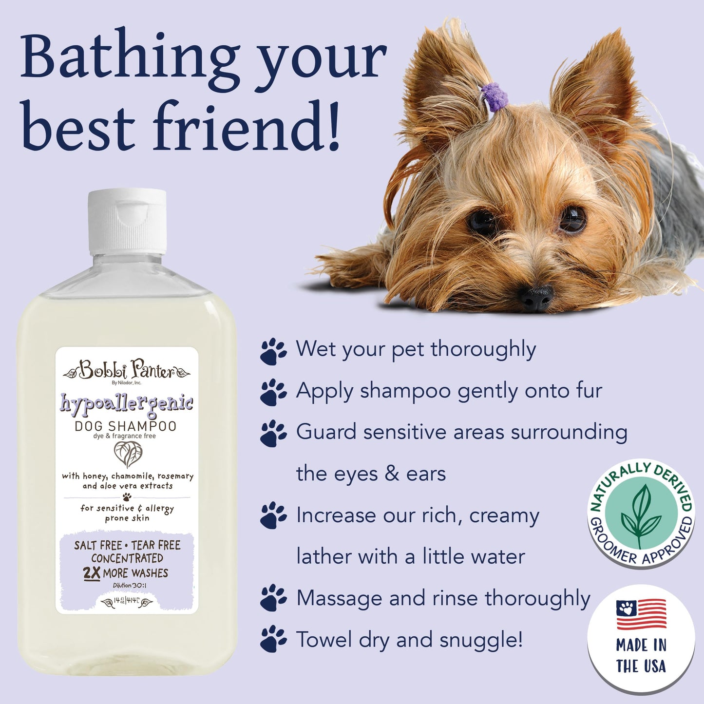 Bobbi Panter Hypoallergenic Dog Shampoo 14 Oz., Dye & Fragrance-Free, Paraben-Free, pH Balanced, Tear-Free, Aloe Vera & Honey Extract, Made in USA, Concentrated 30:1, Made in The USA