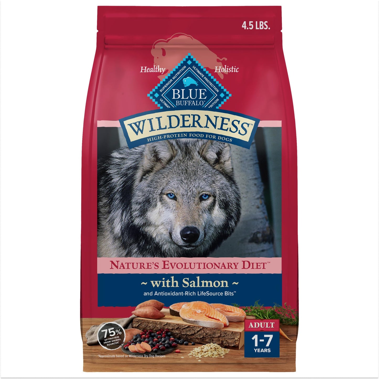 Blue Buffalo Wilderness Natural High-Protein Dry Food for Adult Dogs, Salmon Recipe, 4.5-lb. Bag