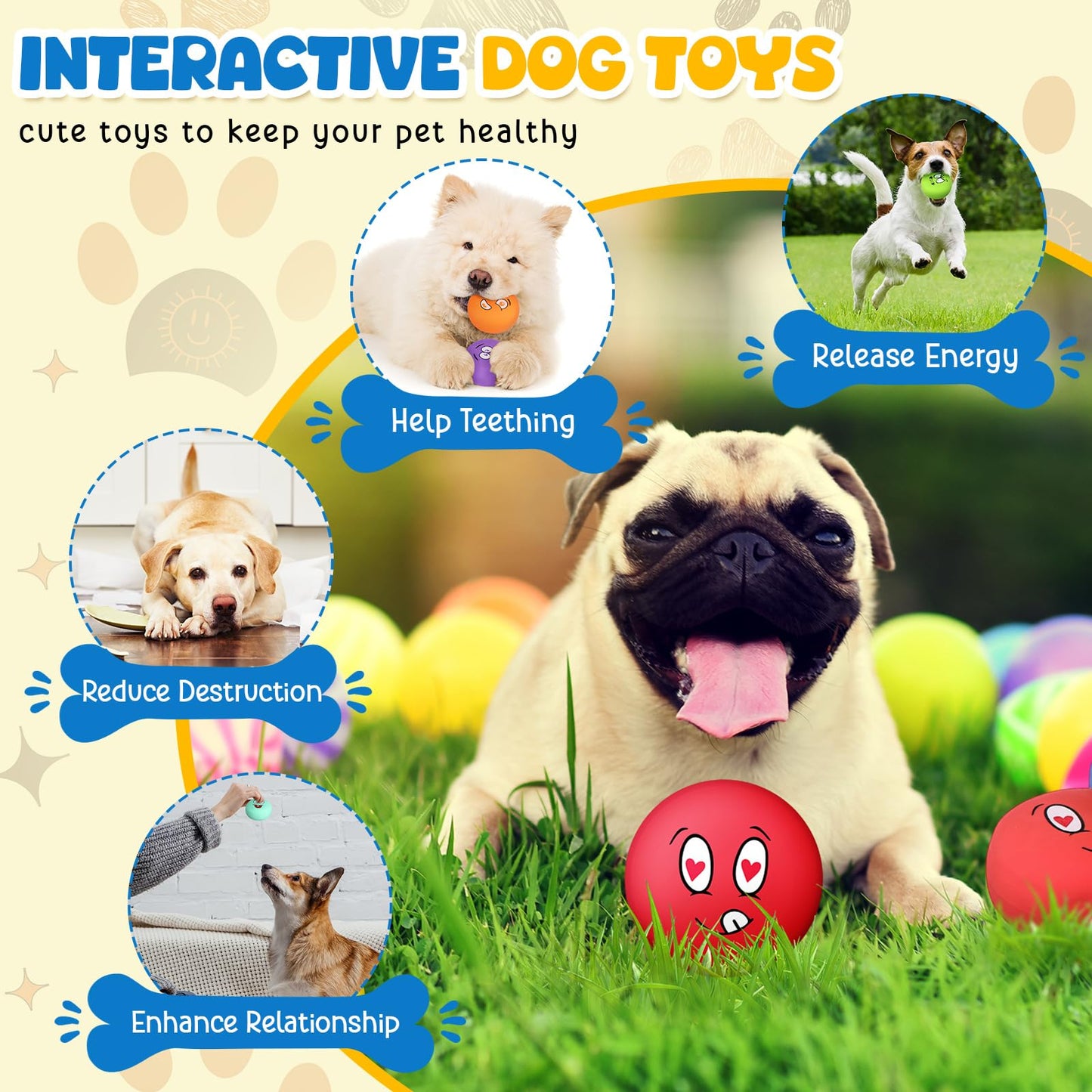 Hungdao 20 Pack Dog Squeaky Balls Soft Latex Squeaky Dog Toys Small Interactive Pet Chewing Toys for Puppy Training Interactive Fetch Play(Face)