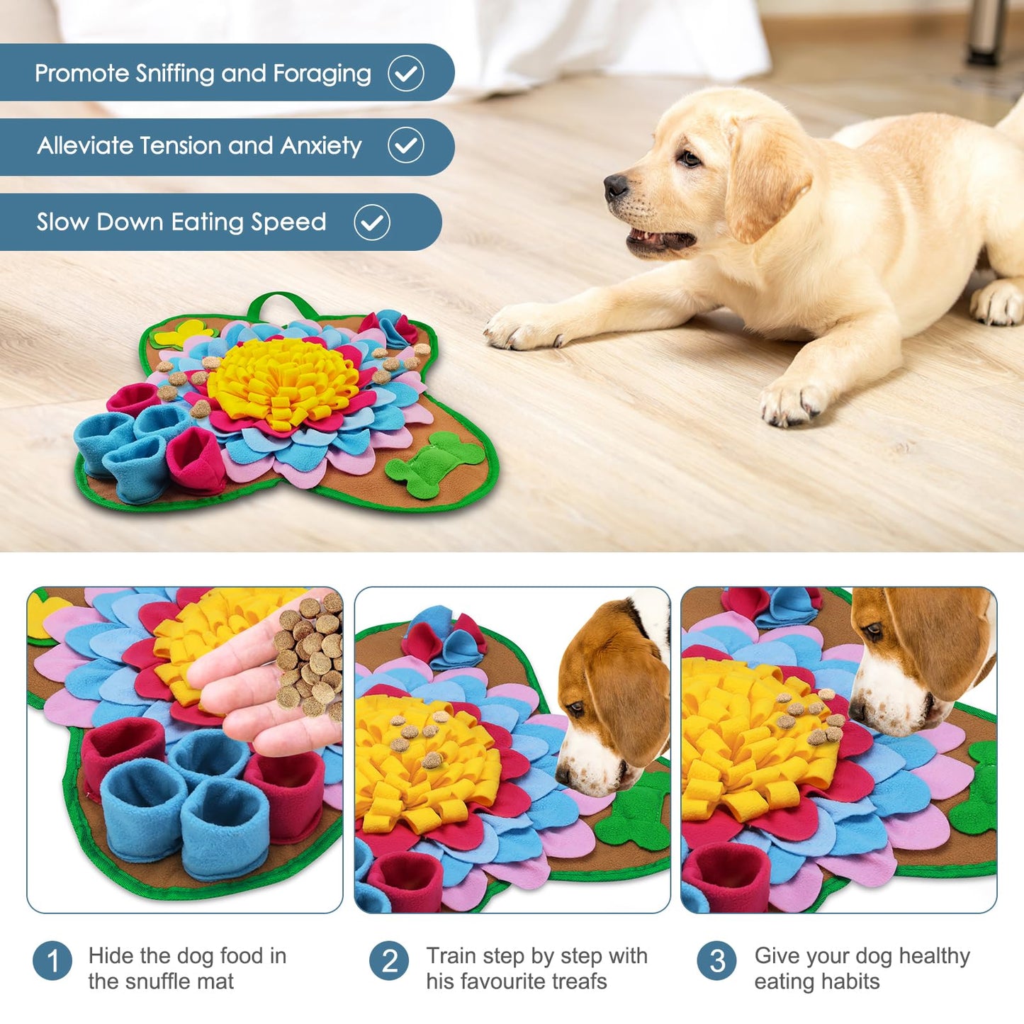 Ankilo Snuffle Mat for Dogs, 20''*20'' Interactive Foraging Puzzle Blanket, Dog Feeding Mat with Non-Slip Bottom, Foldable Pet Snuffle Mat for Sniffing, Slow Feeding and Stress Release