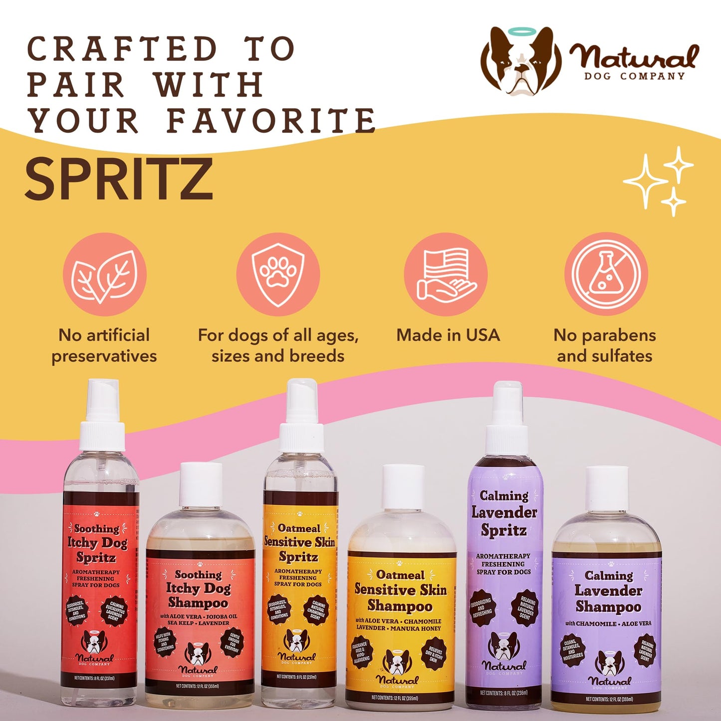 Natural Dog Company Sensitive Skin Shampoo and deodorizing Spray Grooming Bundle, Includes (1) Sensitive Skin Shampoo 12 Oz, (1) Sensitive Skin Dog deodorizing Spray 8 Oz