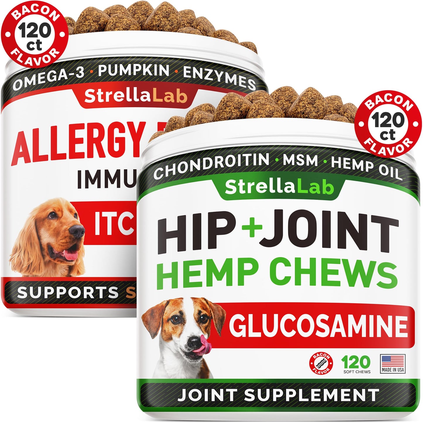 Allergy Relief + Hemp + Glucosamine for Dogs Bundle - Itchy Skin Treatment + Hip Joint Pain Relief - Omega 3 + Chondroitin, MSM - Itchy Skin, Shedding + Advanced Mobility - 240ct - Made in USA