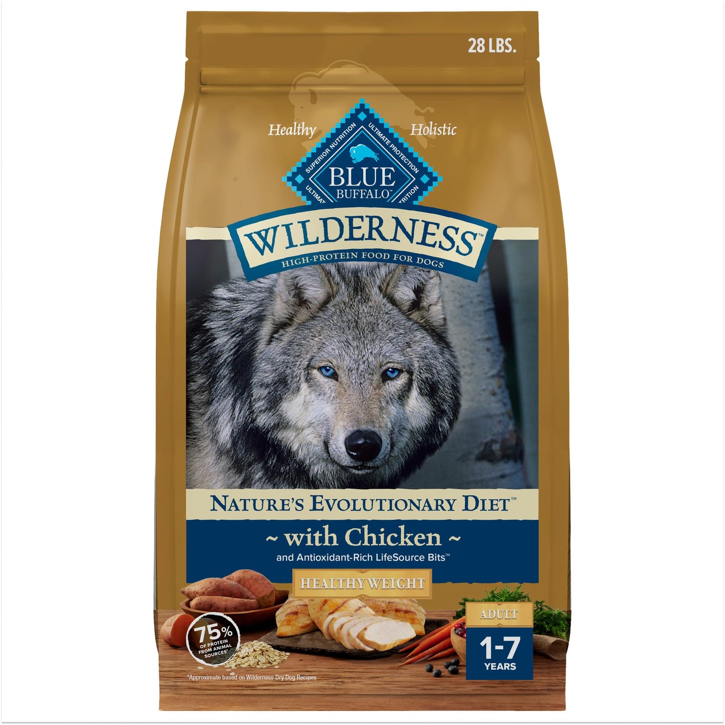 Blue Buffalo Wilderness Natural High-Protein Healthy Weight Dry Food for Adult Dogs, Chicken Recipe, 28-lb. Bag
