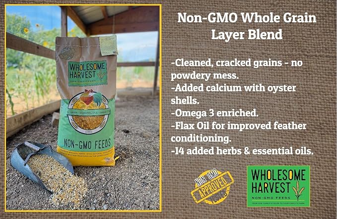 Non-GMO Whole Grain Layer Blend 16% - Chicken Feed for Laying Hens and Ducks - Includes Essential Oils, Herbs, Oyster Shells, Vital Minerals, and Omega 3, 40lb