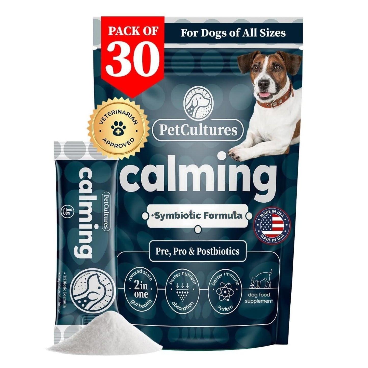 PetCultures Calming Synbiotic Formula - with L-Theanine, L-Tryptophan, Probiotics, and B-Vitamins in 30 Packs