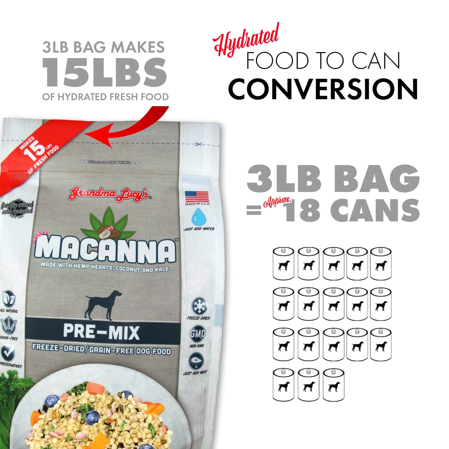 Grandma Lucy's Macanna Dog Food, Grain Free and Freeze-Dried - Pre-Mix, 3Lb Bag