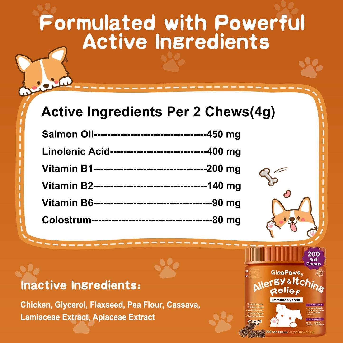 Dog Allergy & Itch Relief Supplement - Salmon Oil Omega-3, Omega-6, Vitamin B1/B2/B6, Colostrum Probiotics for Seasonal Allergy, Hot Spots, Paw Licking, 200 Chews, Store in Dry Place [Upgraded]