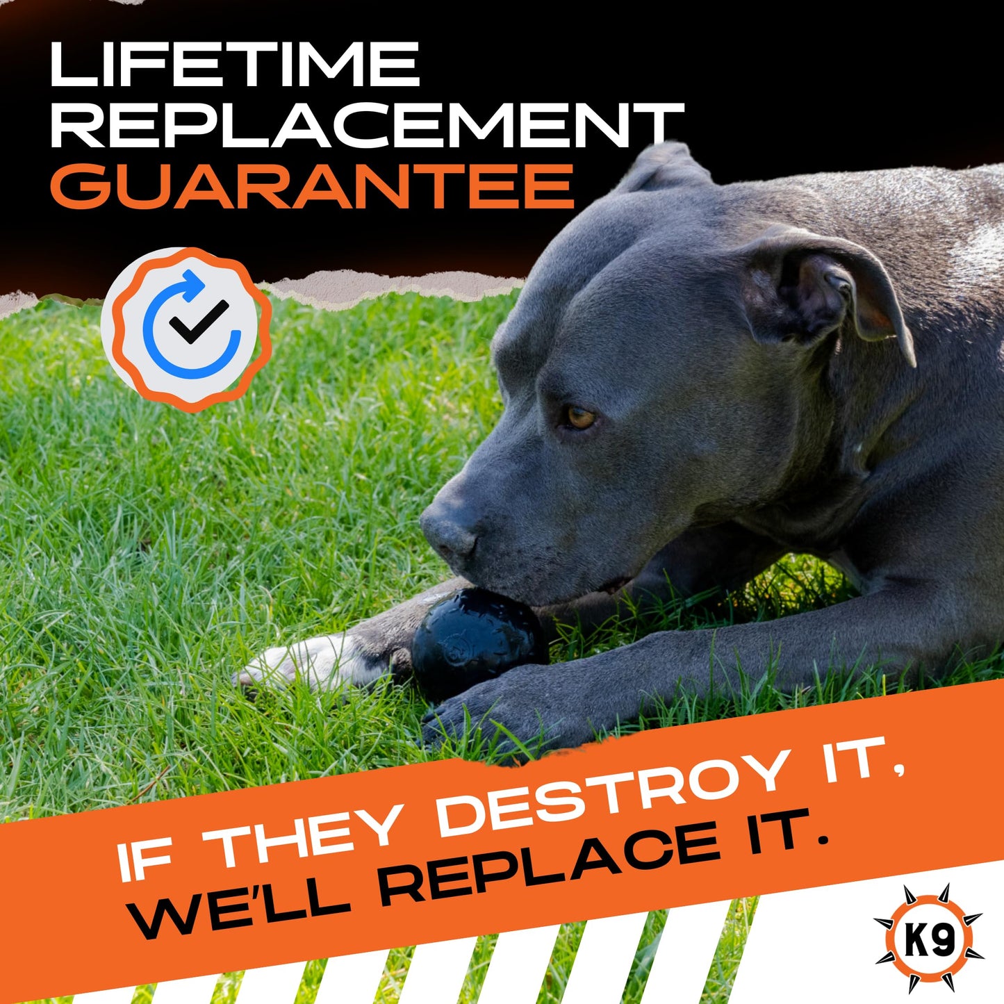 Monster K9 Indestructible Dog Ball – Lifetime Replacement - Durable Toy for Aggressive Chewers - Safe Non-Toxic Natural Rubber - Fetch Chew Toy - Heavy Duty - USA Made - 2.8” Solid (Tennis Ball Size)