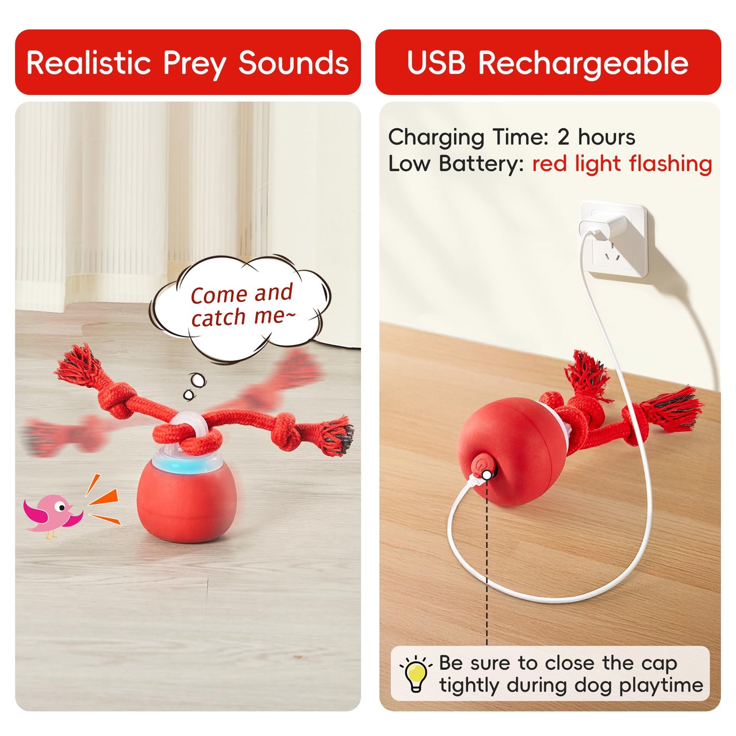 Potaroma Interactive Dog Ball Toys Touch Activated, Rechargeable, Squeaky Dog Toy, Moving Wicked Ball for Pup with Rope for Medium Small Dogs Puppy Dark Red