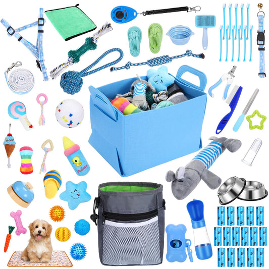 PullCrease 65 Pcs Puppy Supplies Starter Kit Small Dog Essentials Includes Dog Leash, Toys, Bowl, Brushes, Water Bottles, pet Blankets Puppy Accessories for New Welcome Gift Supplies(Cool,Blue)
