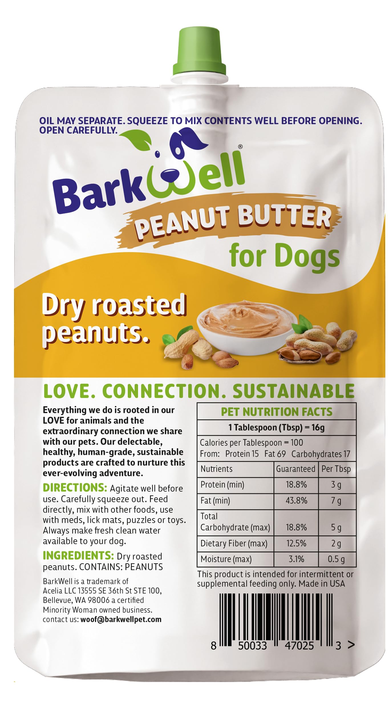 BarkWell Peanut Butter Squeeze - 8oz Pouch All-Natural Dog Peanut Butter, Sourced and Made in The USA Grain Free Dog Treat 100% Natural, Lick mat Topper, Puzzle Toy Fill