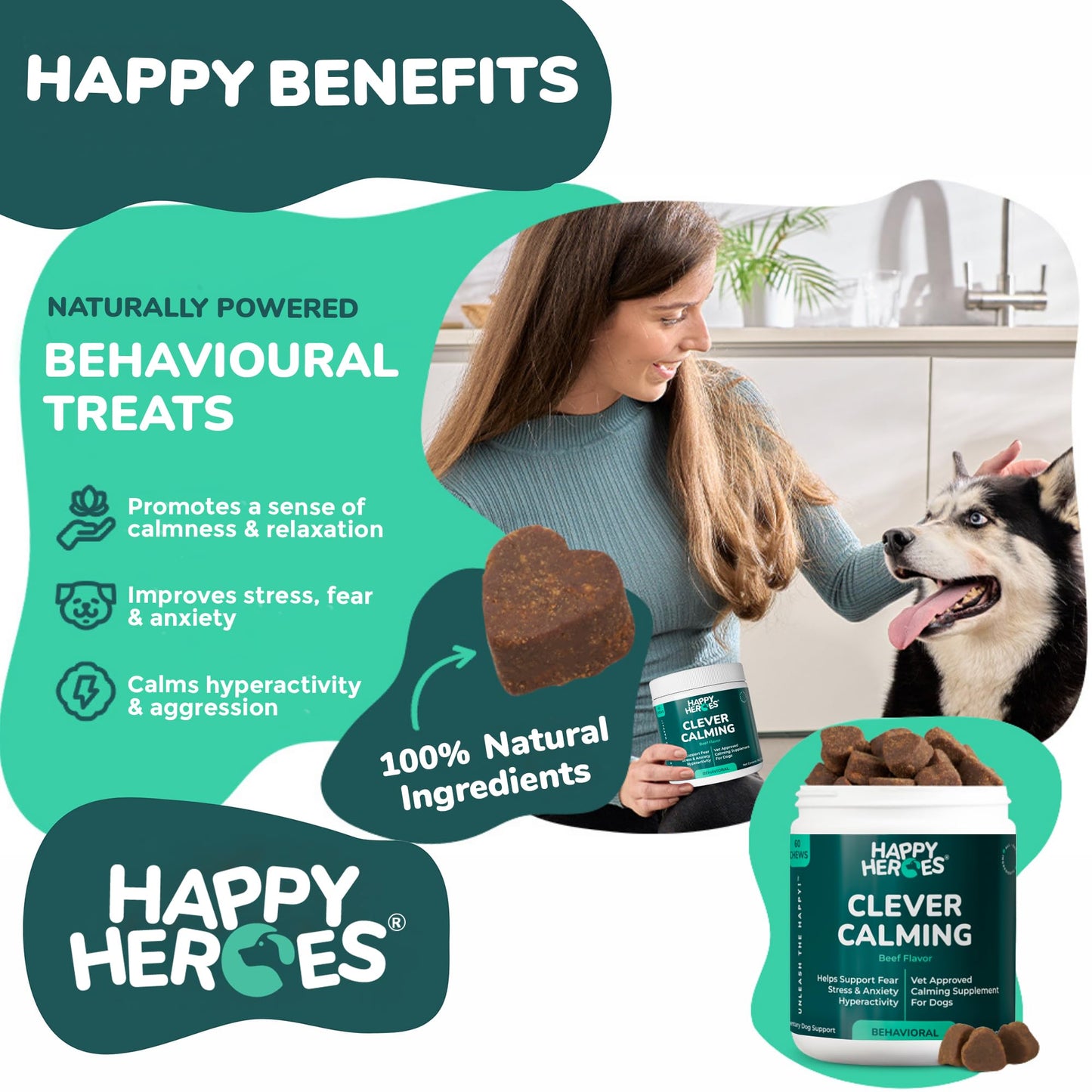 Happy Heroes - Clever Calming Chews for Dogs, 100% Natural Dog Supplement, For Anxiety Relief, Helps Stress, Fear, Hyperactivity, Reactivity, Beef Flavor Calming Dog Treats, Made in USA, 60 Soft Chews