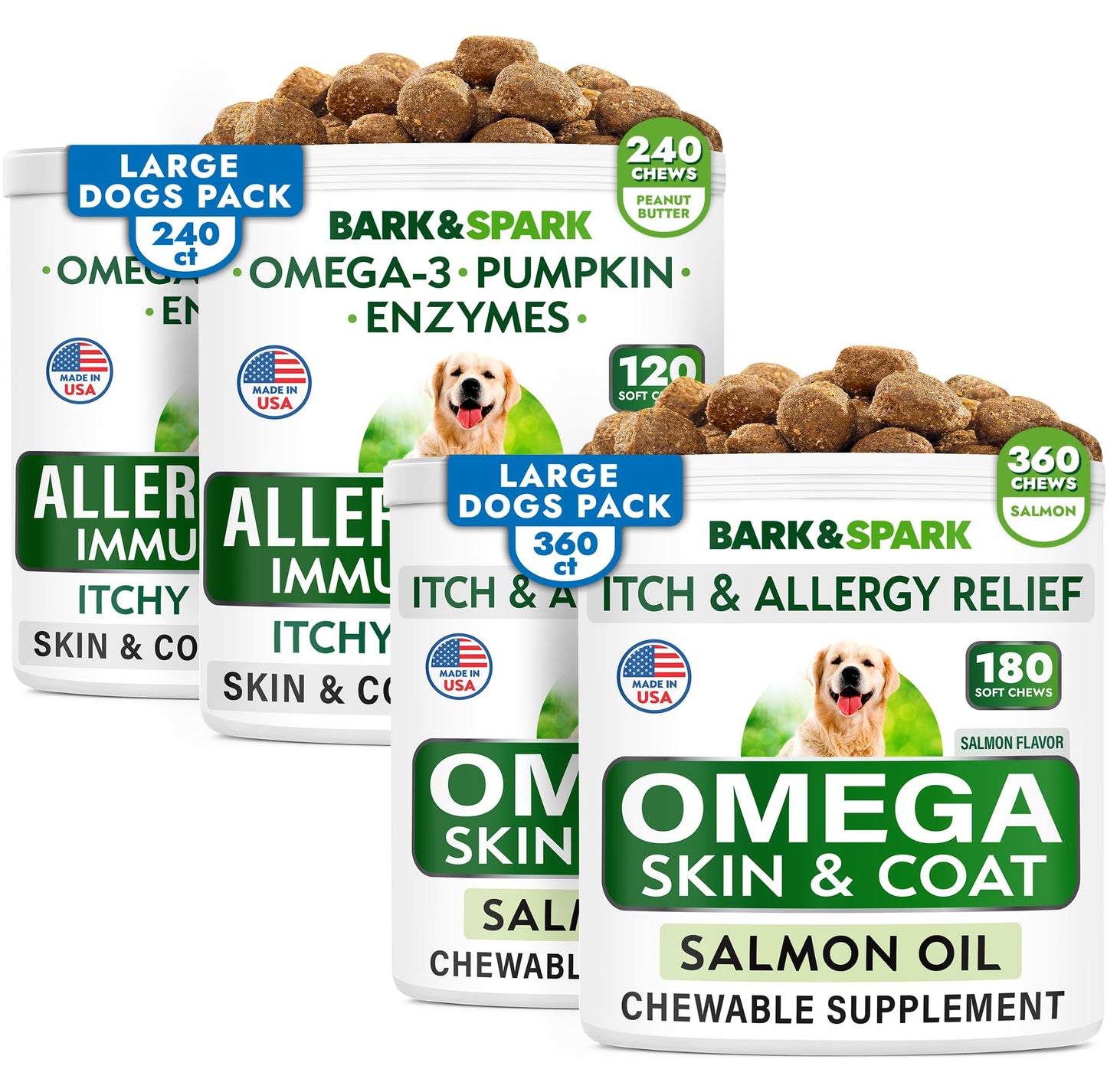 Allergy Relief + Omega 3 Bundle - Anti-Itch & Hot Spots + Skin Allergy - Omega 3 + Pumpkin + Enzymes + EPA&DHA Fatty Acid - Immune Supplement + Joint Health - 240 Chews + 360 Chews - Made in USA