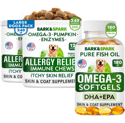 Allergy Relief + Omega 3 Bundle - Anti-Itch & Hot Spots + Skin Allergy - Omega 3 + Pumpkin + Enzymes - Immune Supplement + Joint Health - 420 Chews - Peanut Butter + Fish Flavor - Made in USA