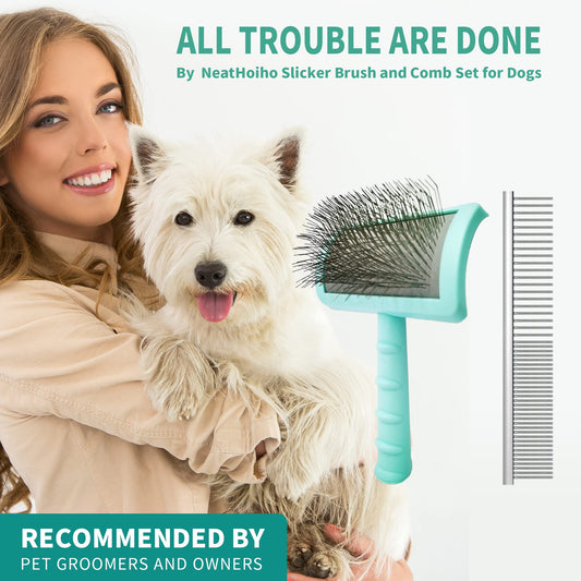 Neathoiho Large Slicker Brush & Green-comb Value Kit, Extra Long Pin Dog Grooming Brush for Curly Hair Goldendoodles, Removes Long and Loose Hair & Undercoat