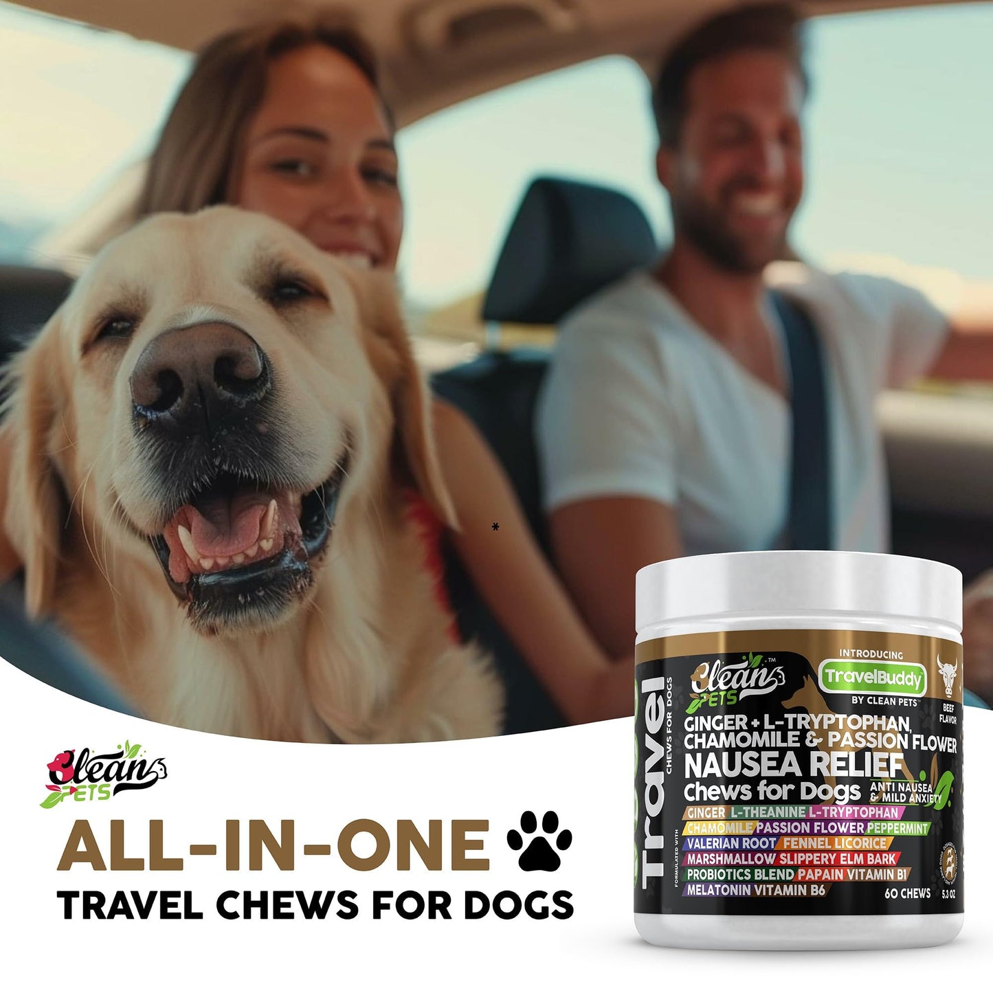 Clean Pets Travel Chews Nausea Relief for Dogs | Ginger L-Tryptophan Chamomile Passion Flower L-Theanine Peppermint Valerian Root Fennel Licorice Root Marshmallow Root Slippery Elm Melatonin Chew