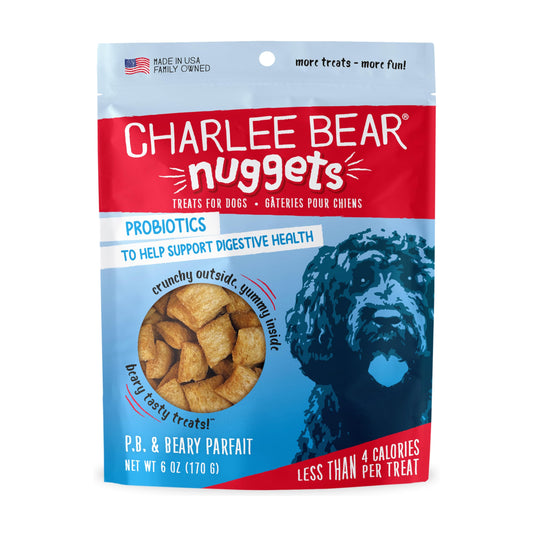 Charlee Bear Nuggets Crunchy and Soft Dog Treats, Peanut Butter and Beary Parfait, 6 Ounce Resealable Bag, Digestive Health Support, Grain Free, Low Calorie, Healthy Dog Snacks