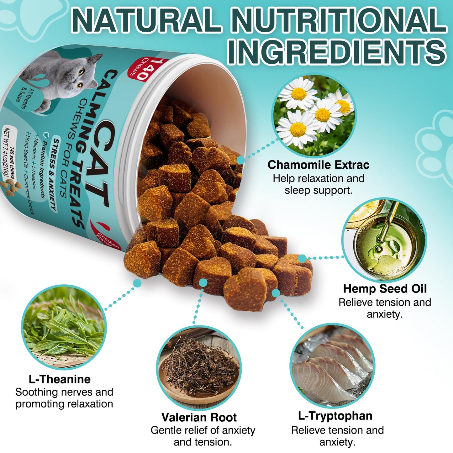 MNQAXZ Cat Calming Treats, 140 Soft Chews to Relieve Anxiety, Stress & Prevent Bites, Perfect for Travel & Veterinary Visits, Soothing Calming Care for Indoor Cats Chicken Flavor 7.41 OZ