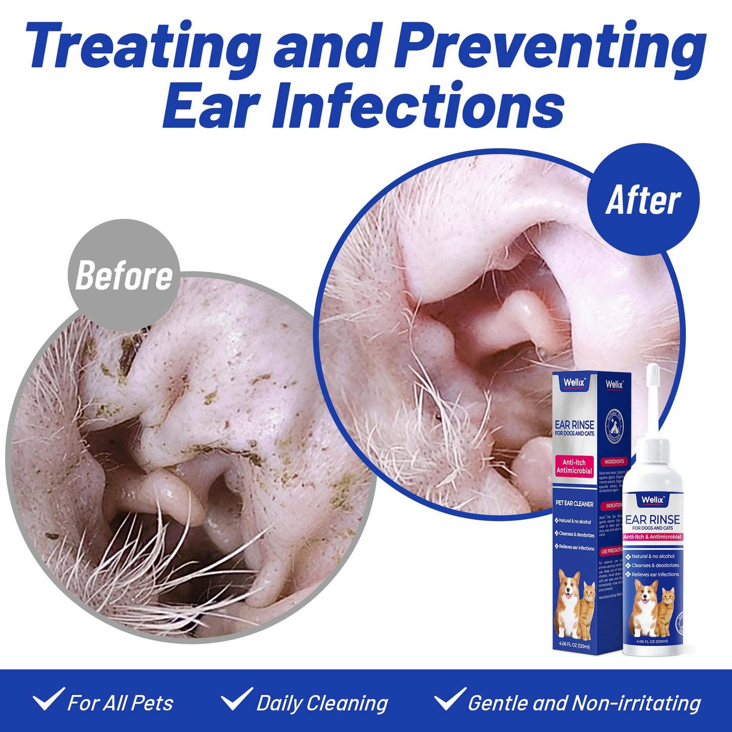 Wellix 120ml Ear Cleaner for Dog & Cat - Ear Infection Treatment Without Irritation - Dog Ear Wash for Itch Relief & Soothing Inflammation - Ear Wax, Powder and Odor Removal Drops