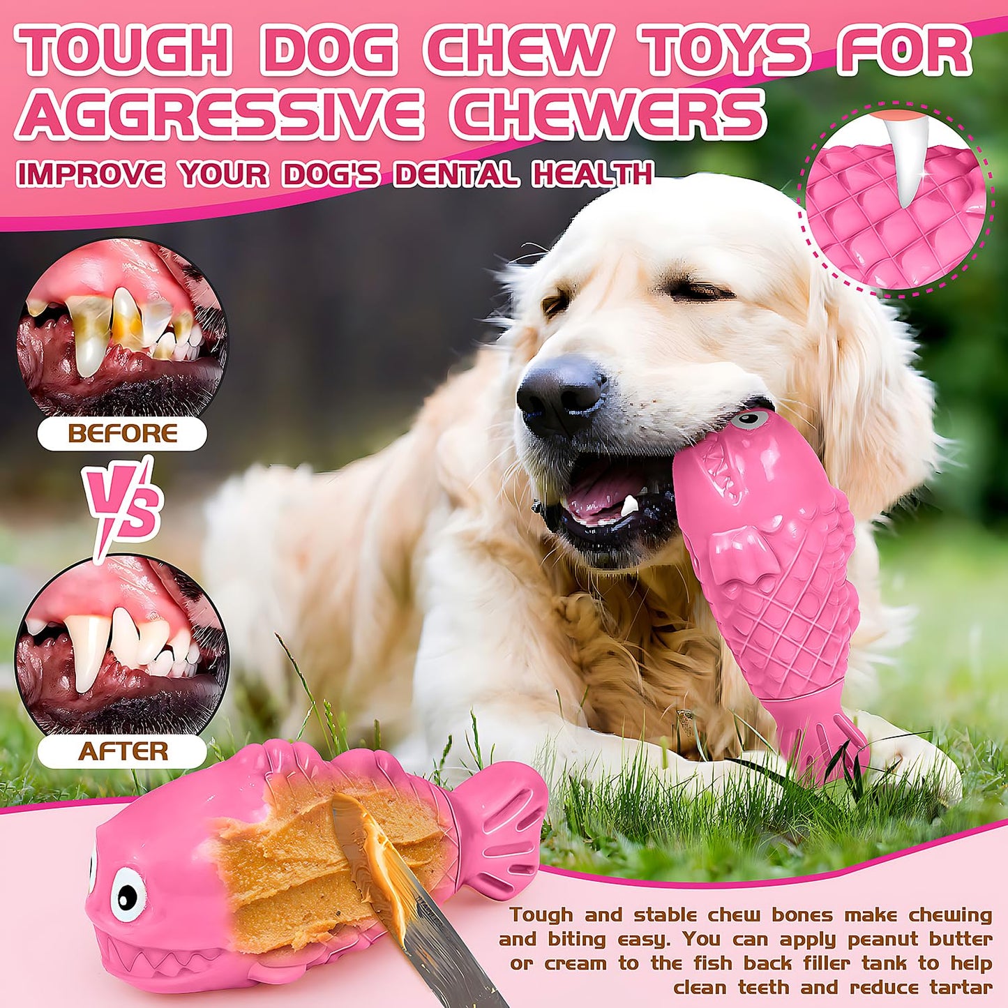 TonyEst Durable Dog Toys to Keep Them Busy - Tough Treat Dispensing Chew Toy with Bacon Flavor & Squeaker for Aggressive Chewers, Interactive Mental Stimulation for Large Breeds (Pink)
