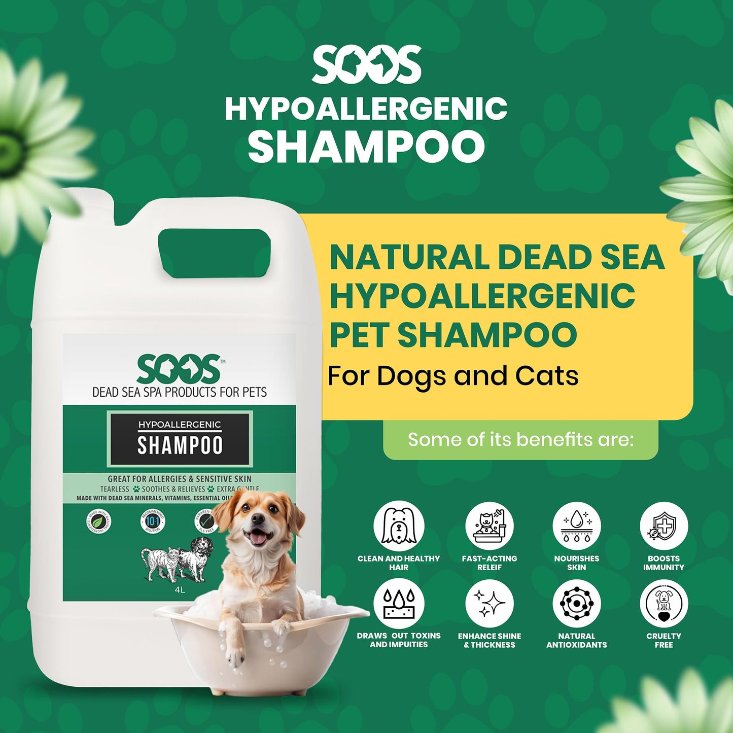 Soos Pet Hypoallergenic Shampoo for Dogs and Cats Made with Natural Dead Sea Minerals Fast Absorbing with Vitamins Essential Oils Natural Ingredients - 1x (4L Gallon)
