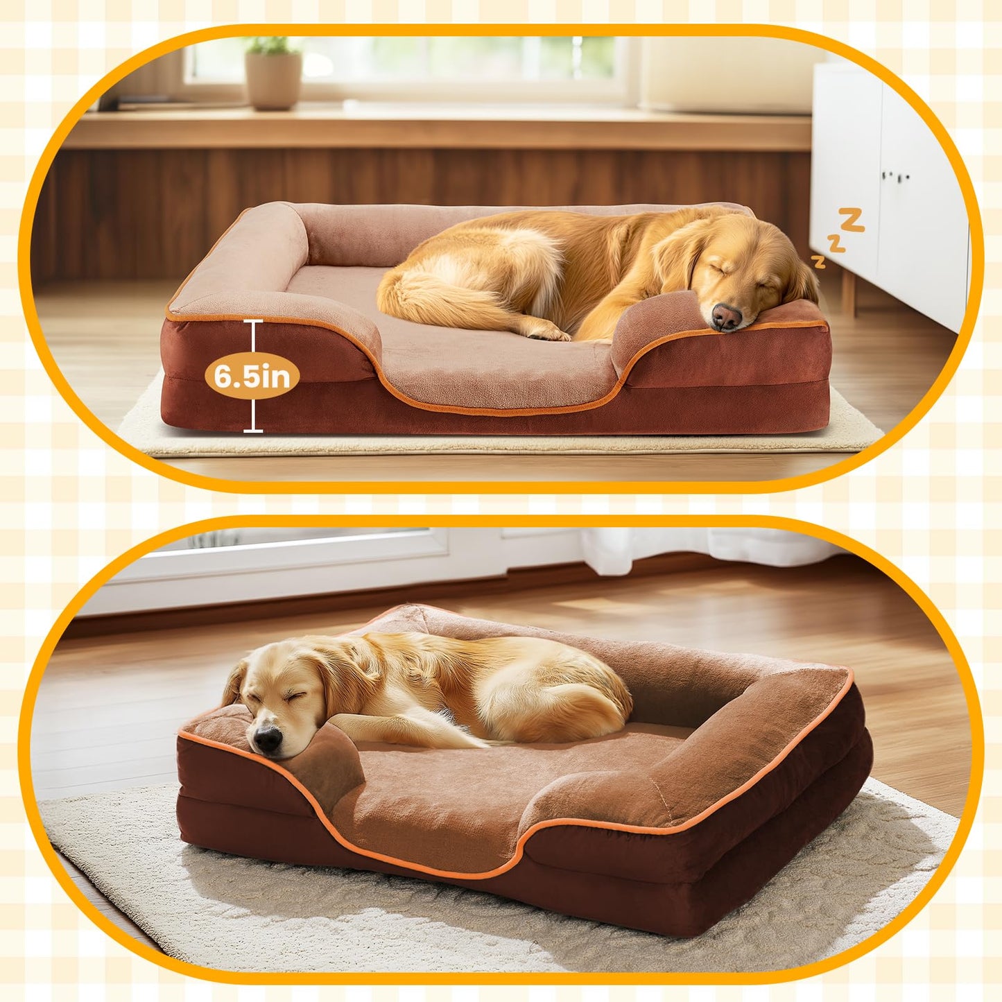 DUMOS Orthopedic Memory Foam Dog Bed with Bolster–Washable Cover, Waterproof Liner & Non-Slip Bottom, Supportive Pet Sofas, Brown