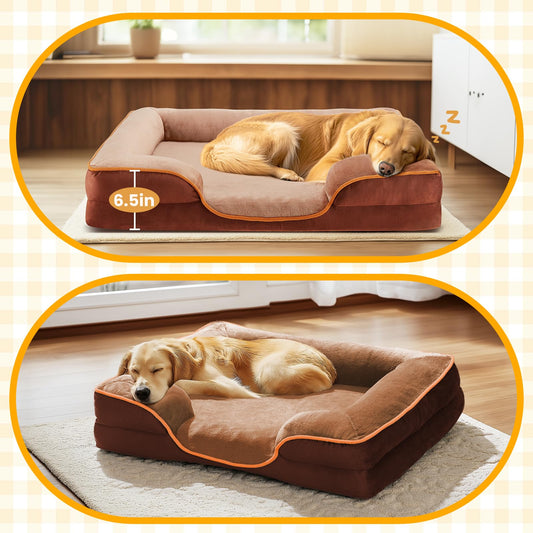 DUMOS Orthopedic Memory Foam Dog Bed with Bolster–Washable Cover, Waterproof Liner & Non-Slip Bottom, Supportive Pet Sofas, Brown