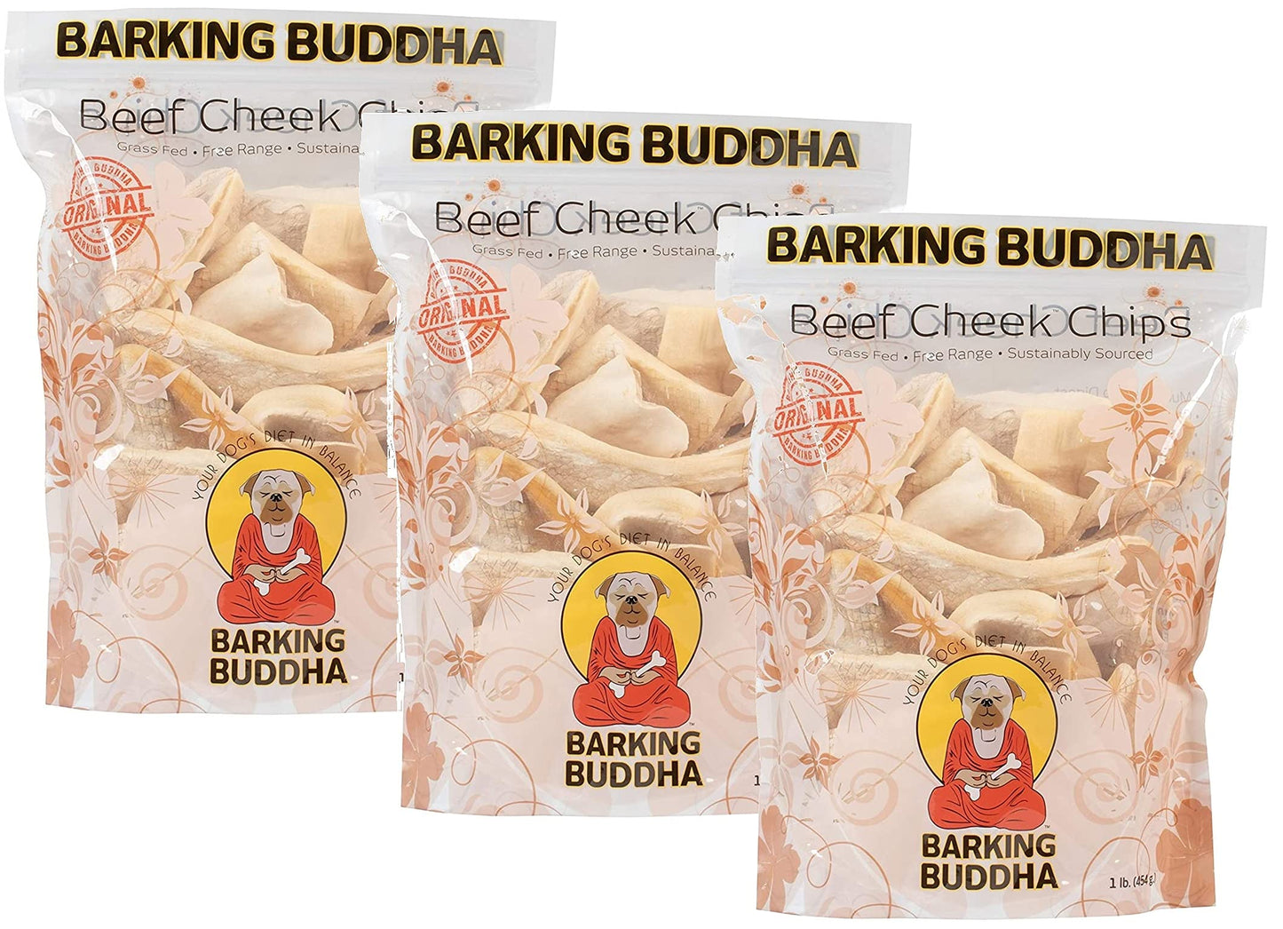 Barking Buddha Beef Cheek Chips | Extra Thick 2"-4" All Natural Rawhide Alternative No Hide Premium Dog Chew Strips | Natural Beef | (Pack of 3-1LB Bags)