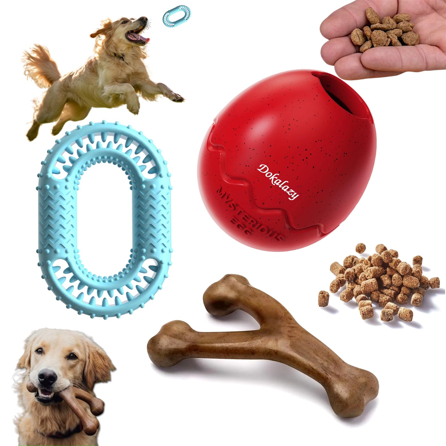DOKALAZY All-Inclusive Tough Dog Toy Set: Treat Dispenser Ball for Non-Stop Play, Durable Nylon Bone for Aggressive Chewers & Rubber Ring for Fetch Fun