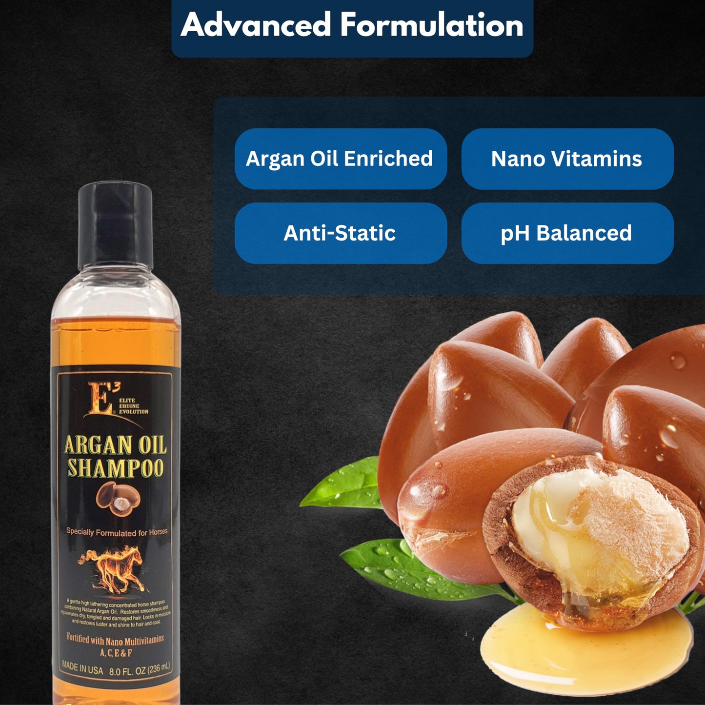 E3 Argan Oil Shampoo + Conditioner 8 oz - E3 Argan Oil Shampoo for Horses - Deep Moisturizing, Strengthens Hair, Enhances Shine, Gentle Formula, Vet Approved