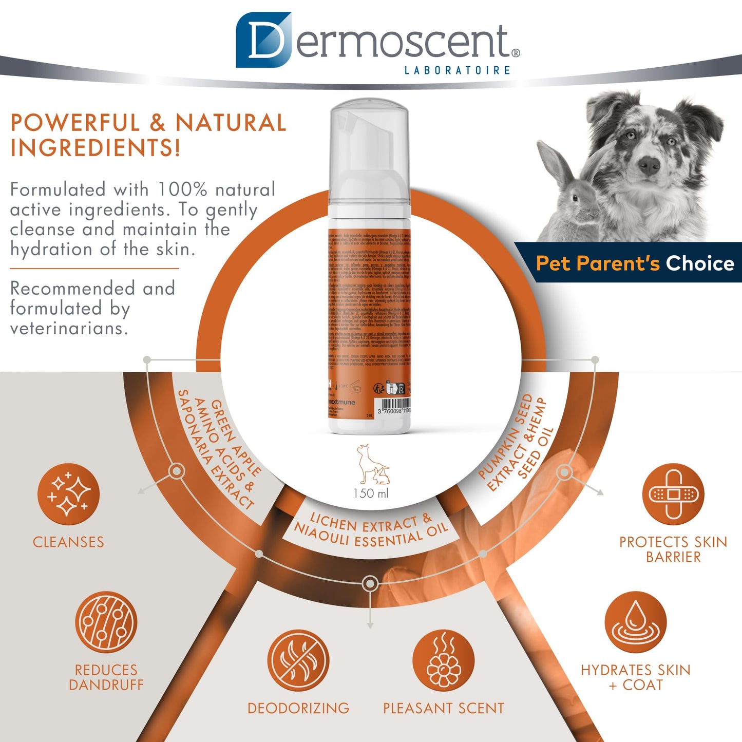 Dermoscent Essential Mousse - Dry Shampoo for Dogs & Small Mammals - Rinse Free Foam to Cleanse Skin & Coat - Odour Control for Smelly Pets - Soap Free - 150ml