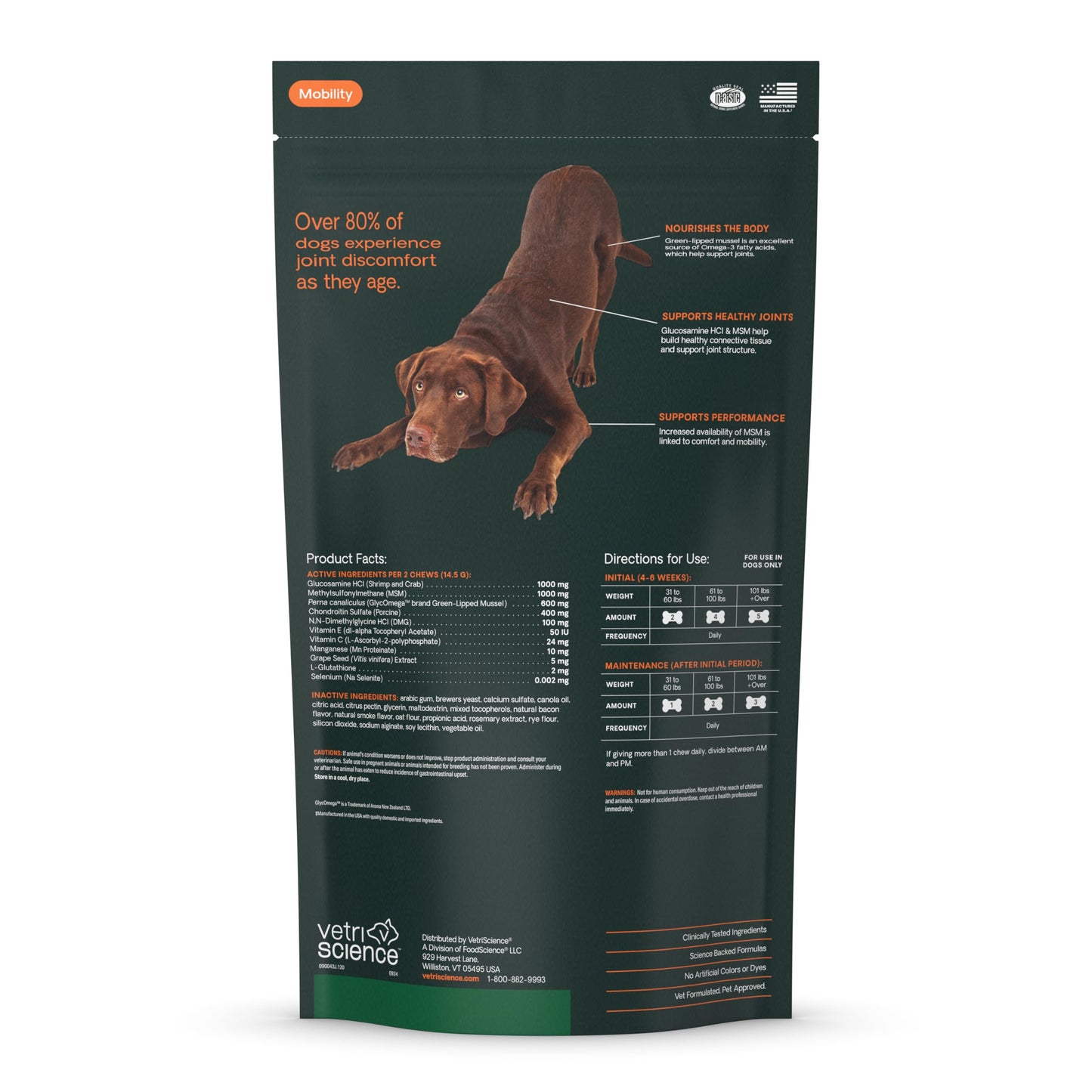 VetriScience Ultimate Strength Healthy Hip & Joint Chews, GlycoFlex Glucosamine, Chondroitin & Green-Lipped Mussel Joint Support Supplement for Dogs, Soothe Joint Discomfort, Peanut Butter, 120 Count