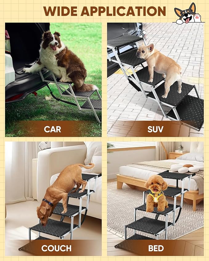 Saker Foldable Dog Ramp for Cars, SUVs, Trucks, Portable Pet Dog Stairs for Large Dogs with Non-Slip Surface & Reinforced Design, Lightweight Yet Sturdy Supports Up to 200lbs