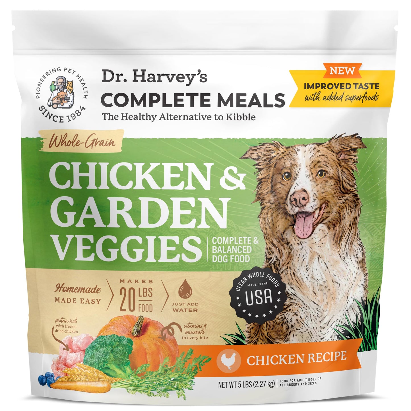 Dr. Harvey's Chicken & Garden Veggies Dog Food, Human Grade Whole-Grain Dehydrated Dog Food with Freeze-Dried Chicken (5 Pounds)
