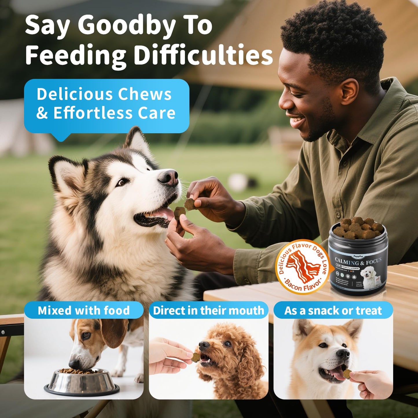 POPPAW Calming Chews for Dogs – Calming Treats for Anxiety, Stress, Separation, Travel&Thunder, Relaxation & Focus Support with L-Theanine, Valerian Root, Chamomile & Ashwagandha, Bacon Flavor, 60Ct