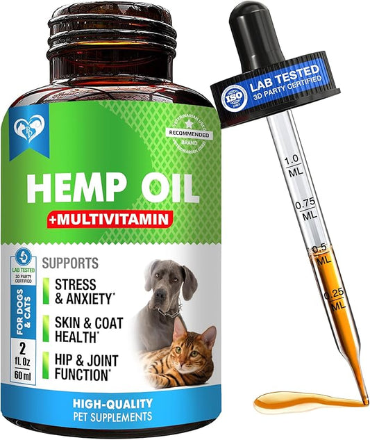 Cat & Dog Hemp Oil Drops with Multivitamin - Pet Calming Anti Anxiety & Hip and Joint Pain Aid and Anti Stress Support - Natural Liquid Supplement (2 oz)